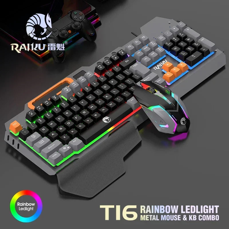 T16 Gaming Keyboard & Mouse Combo — RGB Backlit | Metal Build | Palm Rest | 6-Key Rainbow Mouse