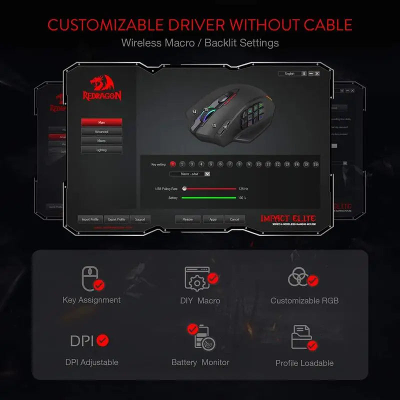 Redragon M913 Impact Elite Wireless Gaming Mouse — 16000 DPI | 16 Buttons | RGB | Black & White