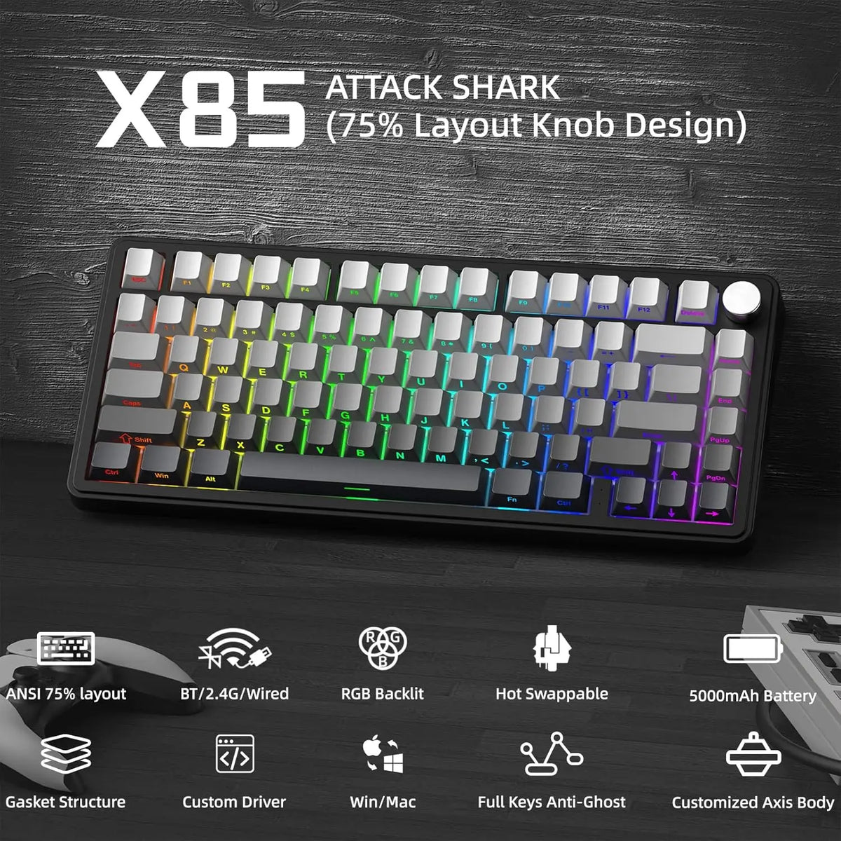 Attack Shark X85 Wireless Mechanical Gaming Keyboard — 75% Layout | Hot-Swap | Knob | PBT Keycaps