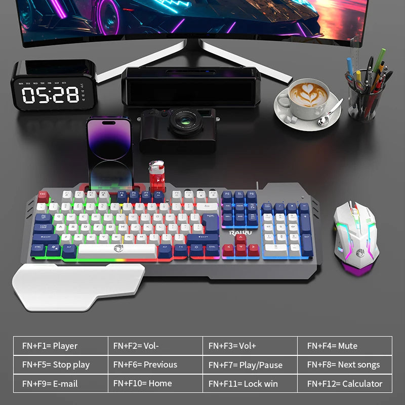 T16 Gaming Keyboard & Mouse Combo — RGB Backlit | Metal Build | Palm Rest | 6-Key Rainbow Mouse